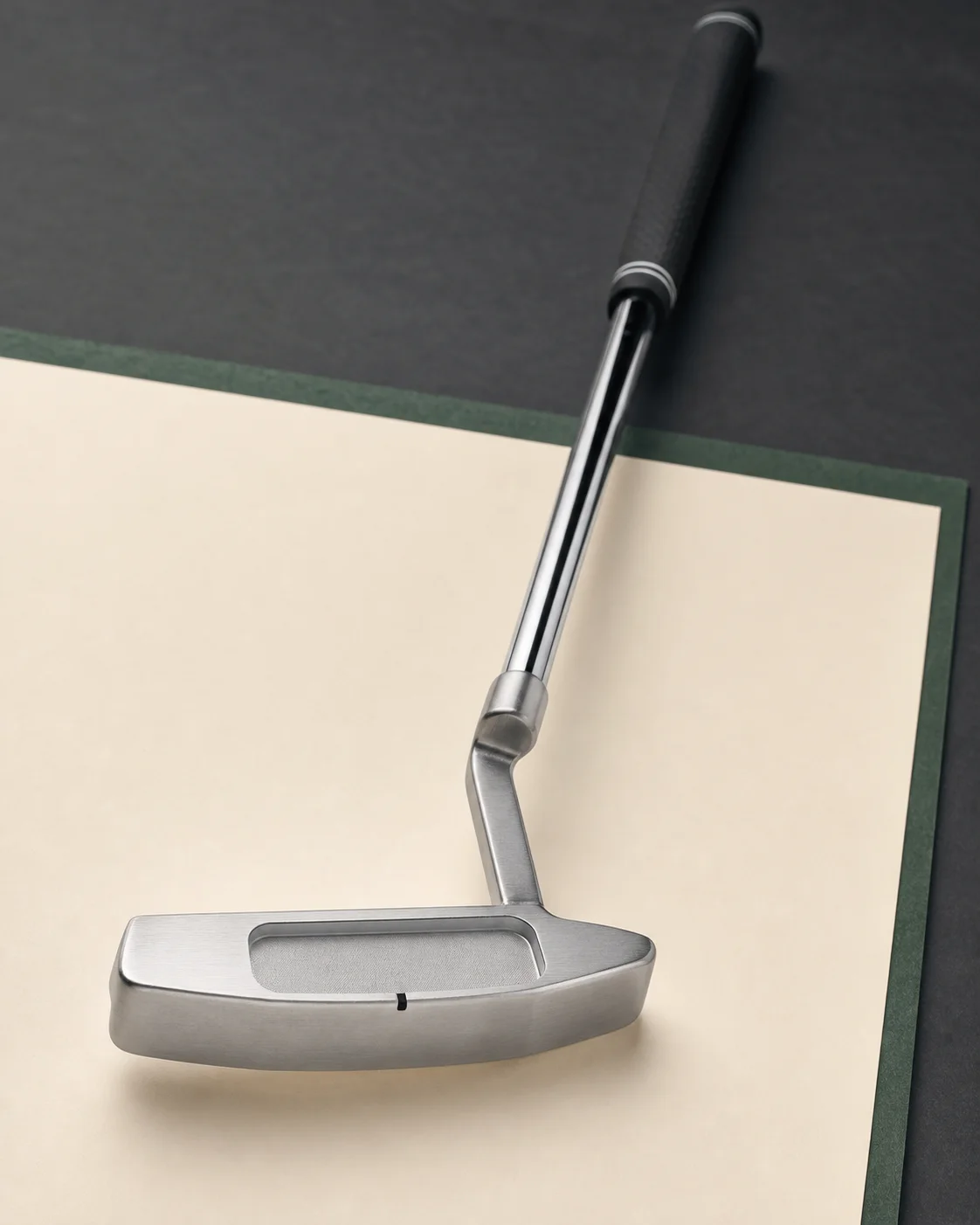 Finished silver putter on a cream and dark green surface